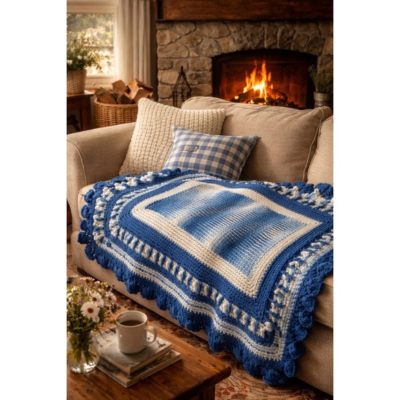 Handmade Other - Handmade Crochet Afghan Throw Blue White Artisan Ruffle Shell Border 60 X 72" in